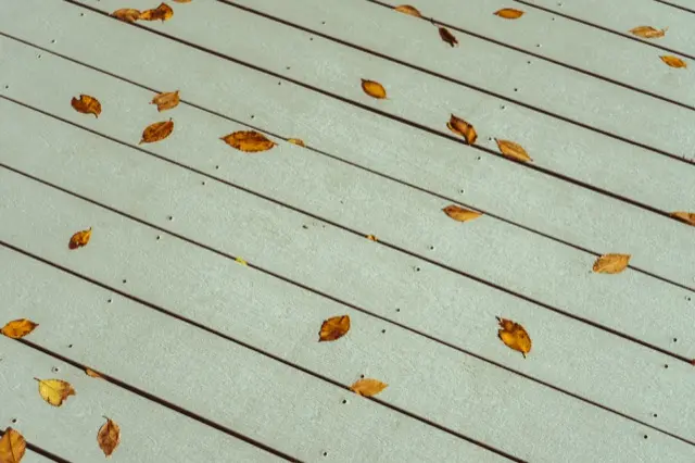 Close-up of grey deck boards with a few fallen autumn leaves
