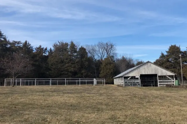 An open-sided wooden livestock pole barn with a metal roof at the edge of a field in Douglas County, Kansas